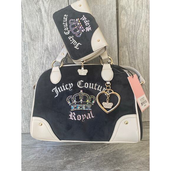 Juicy Couture Handbags - Juicy Couture kingdom Purse & Wallet Set Embroidered Black Velour